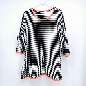 CJ Banks Black and White Striped Top with Coral Trim